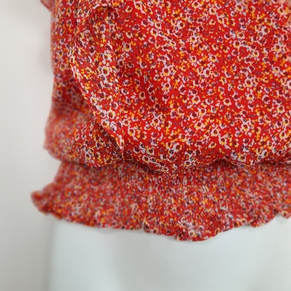 CeCe Red Ditsy Floral Ruffle Flutter Sleeve Blouse Size  XS - Picture 7 of 10